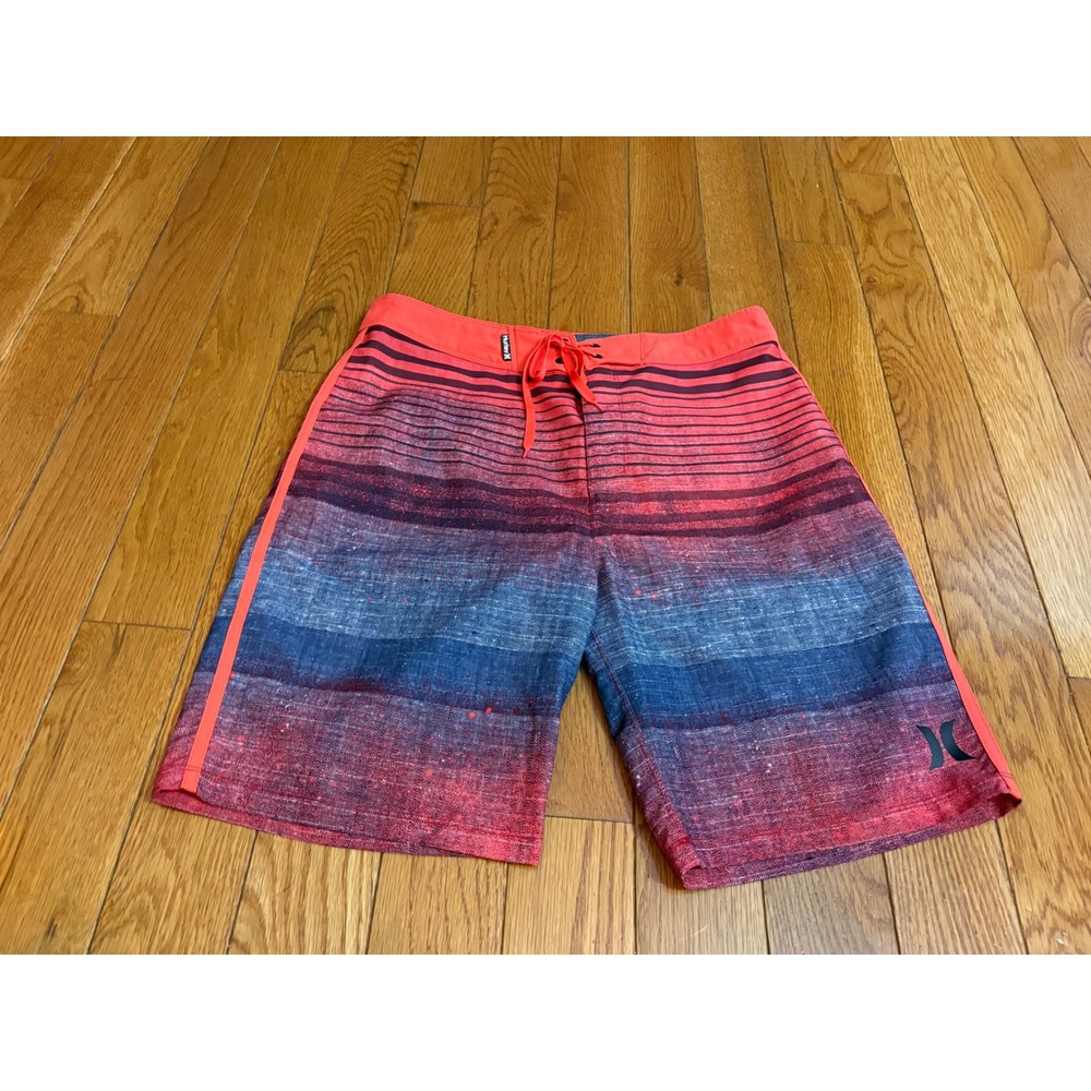 Hurley Boys Red Blue Ombre Striped Board Shorts Swim Trunks Size 30